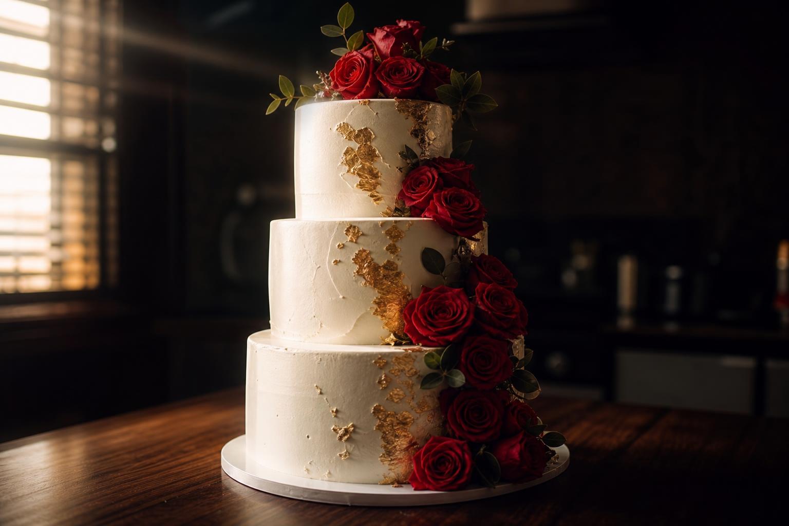 Three-tier custom celebration cake with gold leaf and red roses